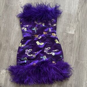Purple Butterfly Bodycon Feather Dress - strapless